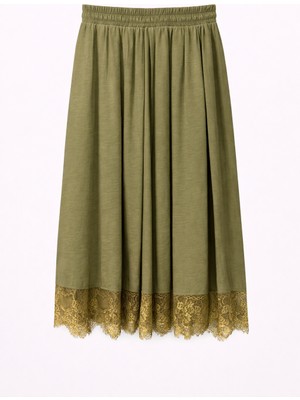 Mixray 4806 Kadın Dantel Detaylı Modal Etek Haki