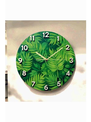 AA Shop Yeşil Yaprak Renkli Baskı Desenli Sayılı Hediyelik Ahşap Sessiz Tablo Duvar Saati 719