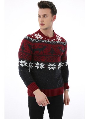 buğrahayalin Erkek Geyik ve Kar Desenli Kışlık Kalın Günlük Triko Kazak