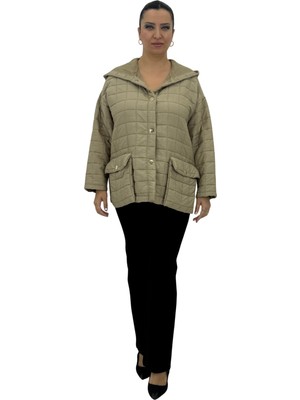 Maya Longa Büyük Beden Kapitone Düğmeli Kapüşonlu Ön Cepli Kadın Mont Türk Malı