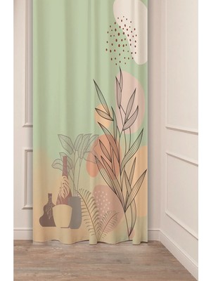 Greendecor Çiçek Vazo Yaprak Yeşil Bohem Deseneli Özel Tasarım Dijital Baskılı (Tek Kanat) Şık Modern Fon Perde