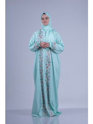 Tulteks Tülteskz Kadın Fermuarlı Tek Parça Çiçek Nakışlı Namaz Elbisesi - Ramazan, Hac ve Umre Elbisesi
