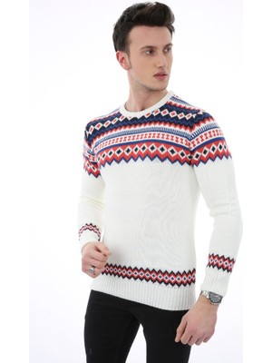 buğrahayalin Desenli Beyaz Kalın Kışlık Günlük Triko Kazak