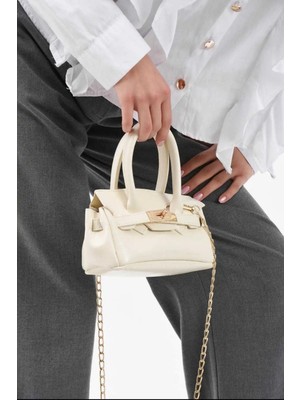 Özüm Takı Çanta Kadın Küçük Boy Zincir Askı El ve Omuz Kol Çanta Krem