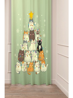 Greendecor Yılbaşı Çam Ağacı Noel Ağacı Kar Yeni Yıl Christmas Desenli Özel Tasarımlı Dijital Baskılı Fon Perde