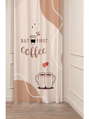 Greendecor Coffe Time Espresso Latte Kahve Zamanı Bohem Desenli Özel Tasarım Dijital Baskılı Şık Tarz Fon Perde