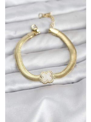 Inure Jewelry 316L Çelik Gold Renk Beyaz Yonca Model Zirkon Taşlı Yılan Zincirli Kadın Bileklik
