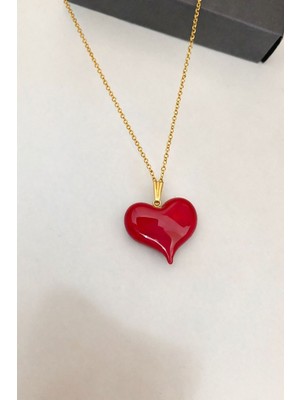 Pulinin Dükkanı El Yapımı Kırmızı Cam Kalp Kolye – Kararmayan Çelik Zincirli Şık Tasarım