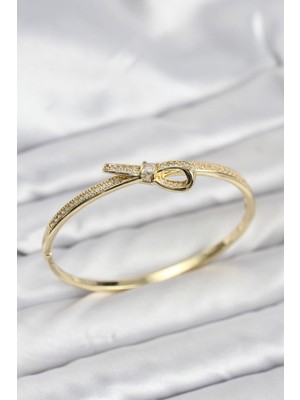 Inure Jewelry Pirinç Gold Renk Zirkon Taşlı Fiyonk Model Kadın Kelepçe Bileklik