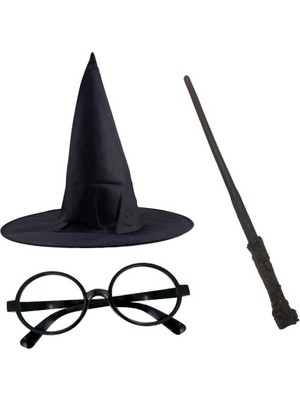 Homevia Harry Potter Siyah Şapkası Harry Potter Gözlüğü Harry Potter Asası 3 Lü Set