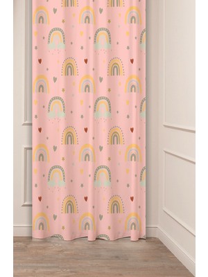 Greendecor Gökkuşağı Yıldız Kalp Baby Desenli Özel Tasarım Dijital Baskılı (Tek Kanat) Çocuk Odası Fon Perde