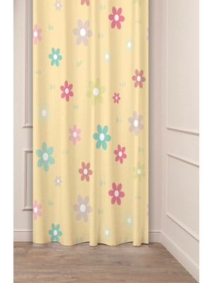 Greendecor Çiçekler Yaprak Çizgili Bohem Desenli Özel Tasarım Dijital Baskılı (Tek Kanat) Modern Şık Fon Perde