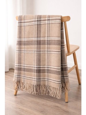 Dinarsu Cozy Life Pamuklu Püsküllü Skoç Tv Battaniyesi Plaid Bej 130 x 170 cm