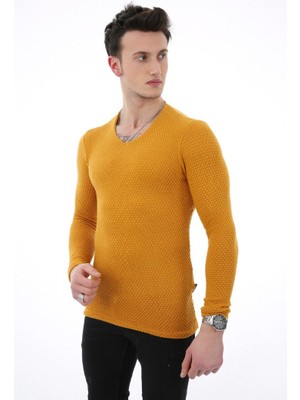 buğrahayalin Düz Kabartma Desenli V Yaka Erkek Günlük Triko Kazak
