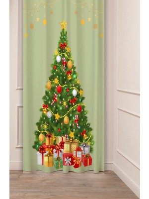 Greendecor Yılbaşı Çam Ağacı Noel Ağacı Kar Yeni Yıl Christmas Desenli Özel Tasarımlı Dijital Baskılı Fon Perde