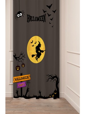 Greendecor Halloween Cadı Festavli Desenli Özel Tasarım Dijital Baskılı (Tek Kanat) Siyah Modern Fon Perde