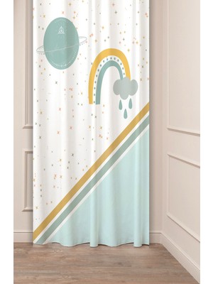 Greendecor Özel Tasarım Gökkuşağı Yıldız Bulut Desenli Dijital Baskılı (Tek Kanat) Çocuk Odası Bohem Fon Perde