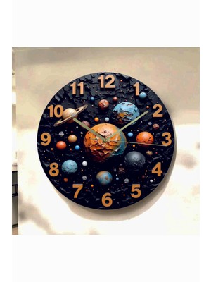 AA Shop Gezegen Uzay Renkli Baskı Desenli Sayılı Hediyelik Ahşap Sessiz Tablo Duvar Saati 691