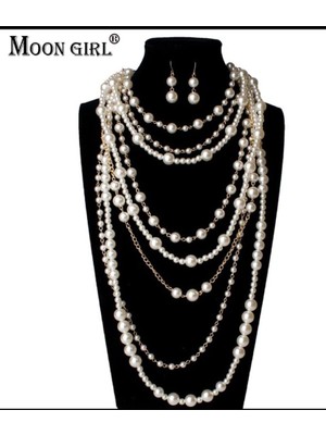 Shiklik 2'li Kadın Çok Katmanlı Abartma Püskül Boncuk Uzun Kolye Küpe Takı Seti