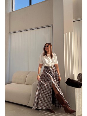 Ekoseli Kemerli Yırtmaçlı Etek