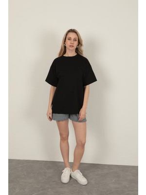 End Black Store Sıfır Yaka Oversize Iki Iplik Kadın Tişört Siyah