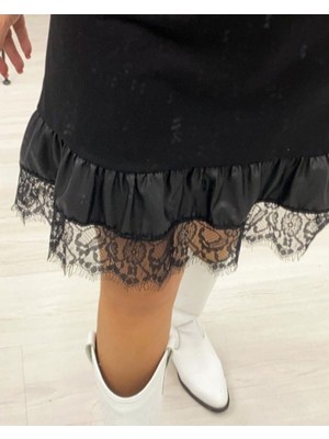 Mericline Kadın Uzun Kollu Bisiklet Yaka Etek Ucu Deri ve Tül Detay Iki Iplik Mini Boy Elbise