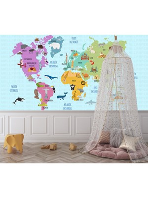 Dünya Haritası Hayvanlar ve Yapılar Poster Duvar Kağıdı