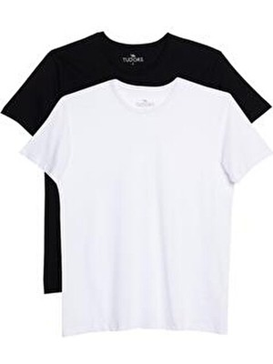 Tudors Unisex 2'li Paket Siyah-Beyaz Slim Fit Dar Kesim %100 Pamuk Bisiklet Yaka Tişört