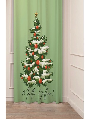 Greendecor Yılbaşı Çam Ağacı Noel Ağacı Kar Yeni Yıl Christmas Desenli Özel Tasarımlı Dijital Baskılı Fon Perde