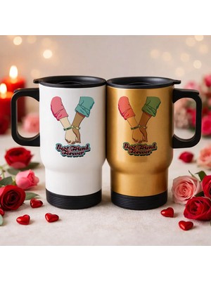 Bk Gift Kişiye Özel Best Friend Tasarımlı 2’li Kulplu Beyaz&gold Çelik Termos Mug 450 ml -4 Arkadaşa Hediye En Iyi Arkadaş Termos Seti