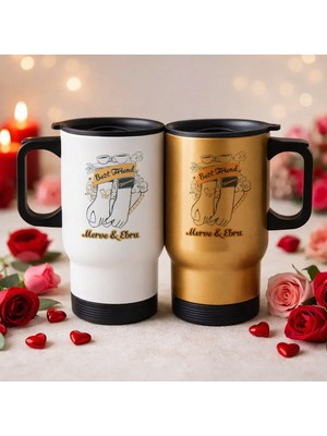 Bk Gift Kişiye Özel Best Friend Tasarımlı 2’li Kulplu Beyaz&gold Çelik Termos Mug 450 ml -3 Arkadaşa Hediye En Iyi Arkadaş Termos Seti