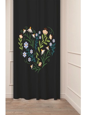 Greendecor Bohem Çiçek Siyah Kalp Aşk Papatya Desenli Özel Tasarım Dijital Baskılı (Tek Kanat) Modern Fon Perde