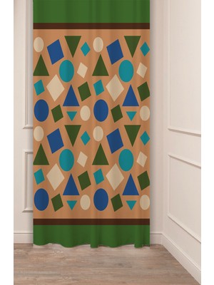 Greendecor Geometrik Çizgi Sade Soft Kare Desenli Özel Tasarım Dijital Baskılı (Tek Kanat) Yeşil Bej Fon Perde