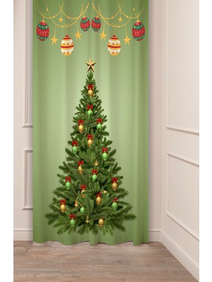 Greendecor Yılbaşı Çam Ağacı Noel Ağacı Kar Yeni Yıl Christmas Desenli Özel Tasarımlı Dijital Baskılı Fon Perde