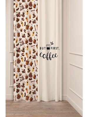 Greendecor Coffe Time Espresso Latte Kahve Zamanı Bohem Desenli Özel Tasarım Dijital Baskılı Şık Tarz Fon Perde