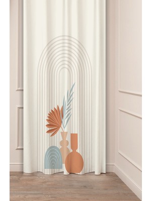 Greendecor Bohem Vazo Yaprak Geometrik Çizgili Özel Tasarım Soft Dijital Baskılı (Tek Kanat) Modern Fon Perde