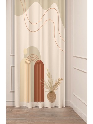 Greendecor Bohem Yaprak Çiçek Vazo Bej Renk Özel Tasarım Soft Dijital Baskılı (Tek Kanat) Modern Şık Fon Perde