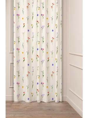 Greendecor Bohem Çiçekler Yaprak Bej Krem Desenli Özel Tasarım Dijital Baskılı (Tek Kanat) Modern Fon Perde