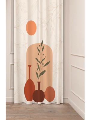Greendecor Güneş Yaprak Bohem Desenli Özel Tasarım Dijital Baskılı (Tek Kanat) Modern Şık Bej Krem Fon Perde