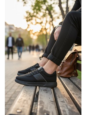 Enoch Erkek Siyah Keten Spor ve Günlük Ayakkabı Tam Ortopedik Tabanlı Siyah Kanvas Dokulu ve Logolu Model