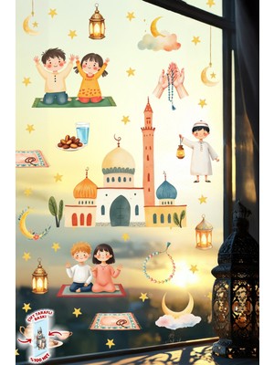 Msticker Çift Taraflı Ramazan Ayı Cam Sticker Seti | Çocuklar Için Eğitici Ramazan Pencere Süsü ve 74 Parça