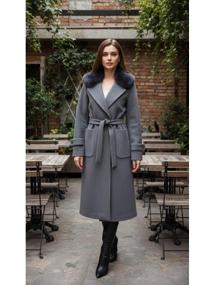 Esin Giyim Aurora Kürk Yakalı Kaşe Kaban