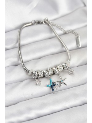 Inure Jewelry Pirinç Gümüş Renk Yıldız Model Charmlı Kadın Bileklik