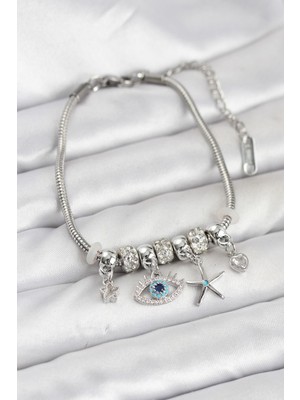 Inure Jewelry Pirinç Gümüş Renk Göz Model Charmlı Kadın Bileklik