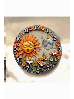 AA Shop Güneş Ay Bitki Renkli Baskı Desenli Sayılı Hediyelik Ahşap Sessiz Tablo Duvar Saati 616