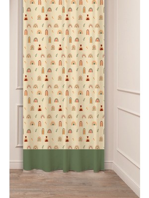 Greendecor Gökkuşağı Yaprak Bohem Özel Tasarım Desenli Dijital Baskılı (Tek Kanat) Mofern Şık Bej Fon Perde