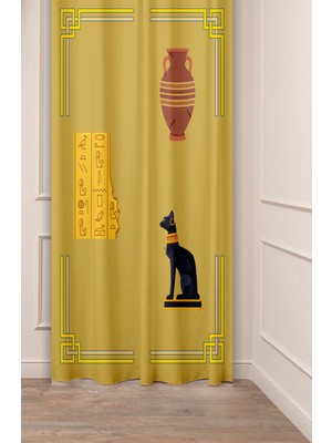 Greendecor Antik Vazo Mısır Kedi Altın Özel Tasarım Desenli Dijital Baskılı (Tek Kanat) Modern Şık Fon Perde