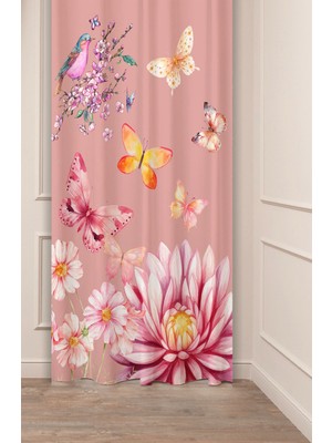 Greendecor Kelebek Bülbül Çiçek Pembe Mor Desenli Özel Tasarım Dijital Baskılı (Tek Kanat) Modern Şık Fon Perde