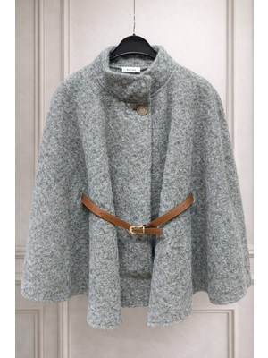 Nsade Kışlık Yaka Düğmeli Deri Kemerli Pelerin Panço