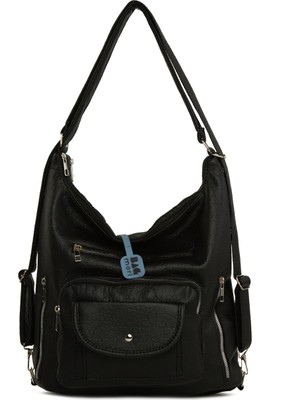 Bagmori Siyah Yumuşak Dokulu Büyük Tek Cep Kapaklı Askılı ve Sırt Salaş Çanta